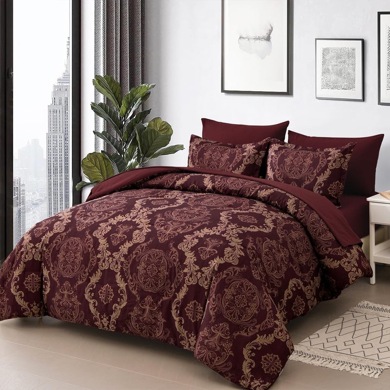 WONGS BEDDING Burgundy Comforter Set King Size  Maroon Damask Texture 7 Pieces Bed in a Bag Polyester Comforter Bedding Sets -1 Comforter  1 Flat Sheet  1 Fitted Sheet  2 Pillow Shams 2 Pillowcases - Image 2